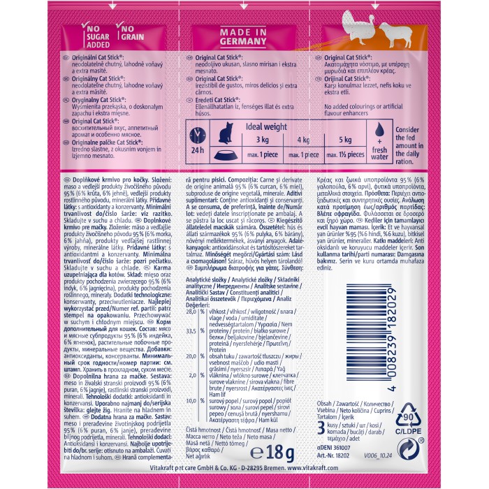 Мясные палочки Vitakraft Cat Stick Turkey & Lamb, для кошек, с индейкой и бараниной, 3*6 гр