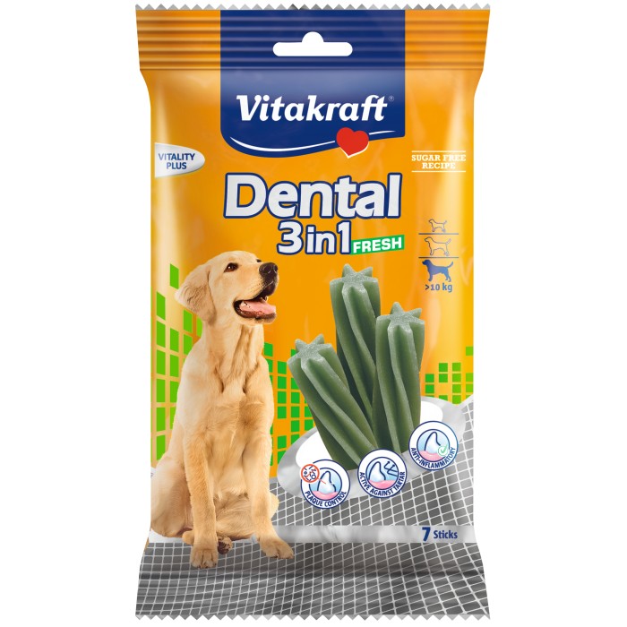 Палички Vitakraft Dental 3 in1 fresh medium, для догляду за зубами з м'ятою для собак вагою >10 кг, 180 гр