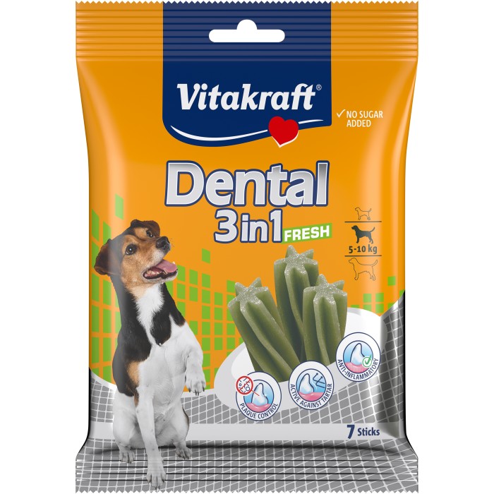 Палички Vitakraft Dental 3 in1 fresh small, для догляду за зубами з м'ятою для собак вагою 5-10 кг, 120 гр