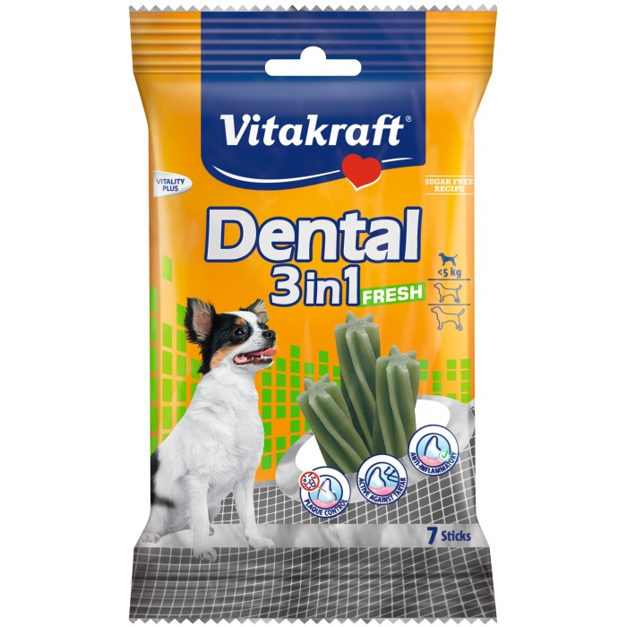 Палички Vitakraft Dental 3 in1 fresh XS, для догляду за зубами з м'ятою для собак вагою до 5 кг, 70 гр