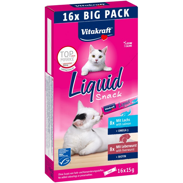 Крем-снек Vitakraft Cat Liquid Snack Multipack, с лососем/ливерной колбасой (2 вкуса), 16*15 гр