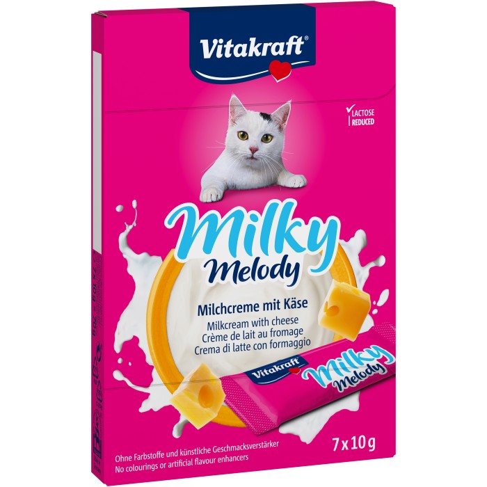 Крем-снек Vitakraft Milky Melody Cheese, для кошек, со сливками и сыром, пониженное содержание лактозы, 7*10 гр