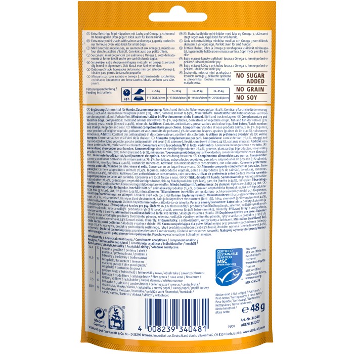 Закуски мягкие Vitakraft мини Treaties Minis Liver Sausages, с лососем для малых пород, 48 гр