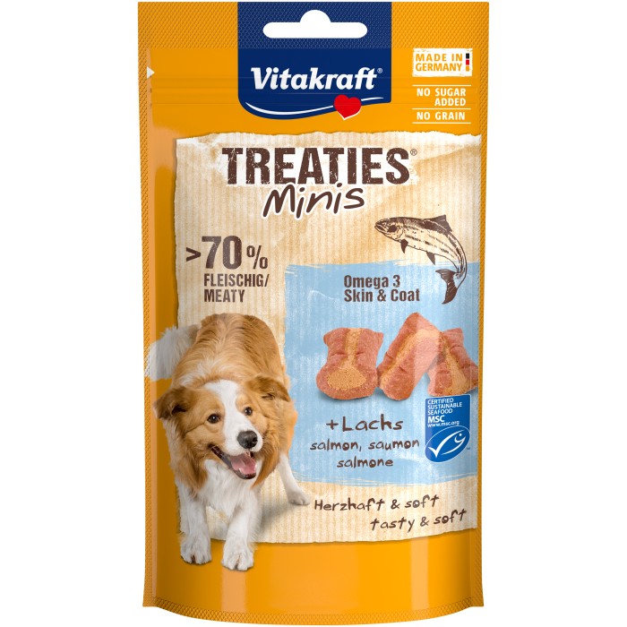 Закуски мягкие Vitakraft мини Treaties Minis Liver Sausages, с лососем для малых пород, 48 гр