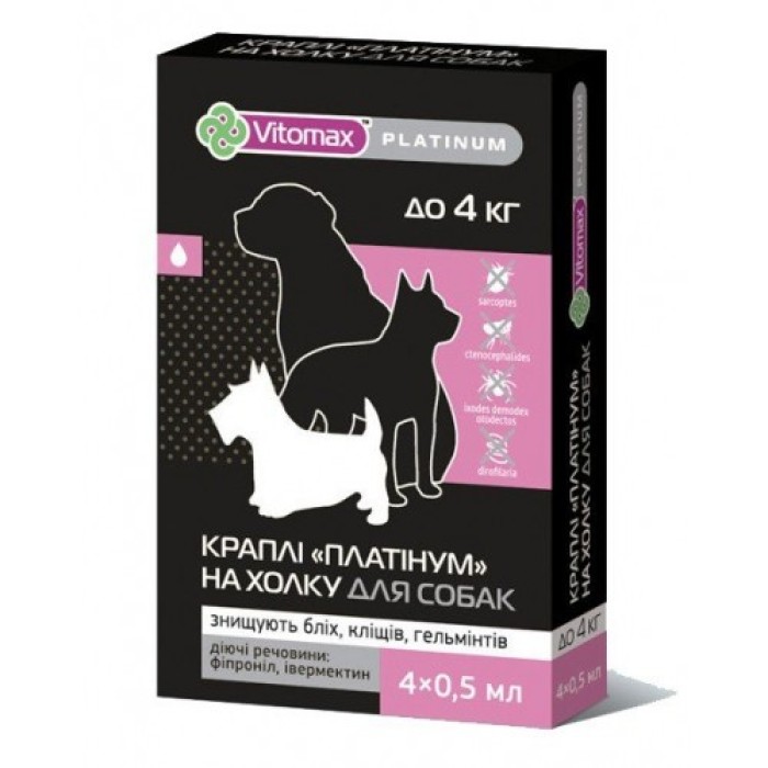 VITOMAX PLATINUM краплі на загривку для собак дрібних порід (до 4кг), 4х0,5 мл
