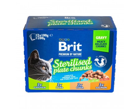 Вологий корм Brit Premium Cat Набір паучів сімейна тарілка для стерилізованих котів, асорті 4 смаки, 100 г х 12 шт
