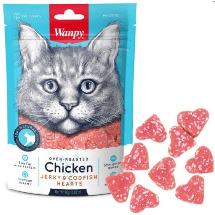 Wanpy Chicken Jerky & Codfish Hearts ВАНПИ СЕРДЕЧКИ КУРИЦА С ТРЕСКОЙ лакомство для котов, 0.08 кг