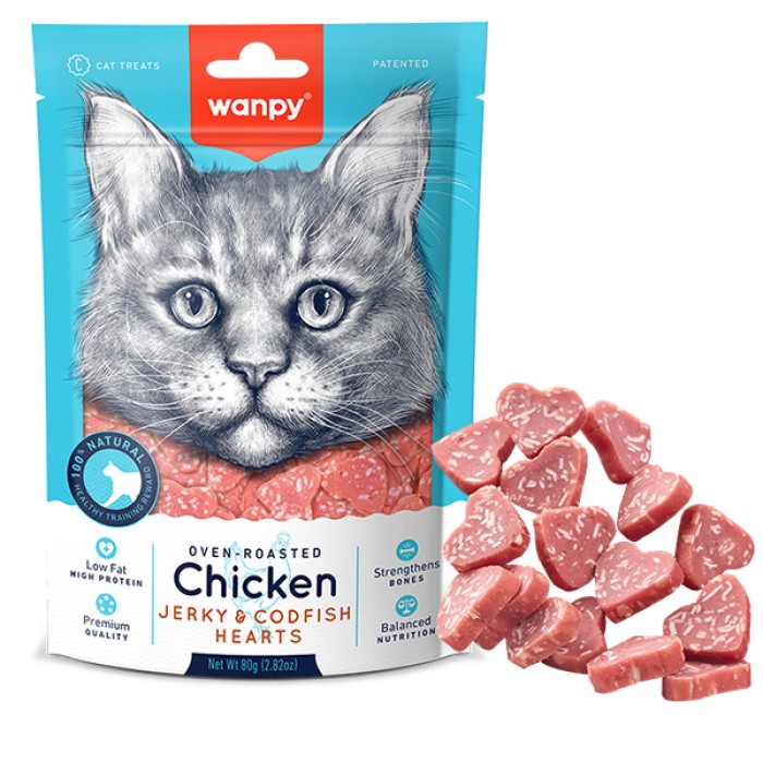Wanpy Chicken Jerky & Codfish Hearts ВАНПИ СЕРДЕЧКИ КУРИЦА С ТРЕСКОЙ лакомство для котов, 0.08 кг