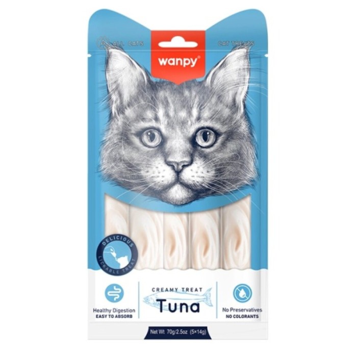 Wanpy Creamy Lickable Treats Tuna ВАНПІ ТУНЕЦЬ рідкі ласощі для котів, 0.07 кг, в пакунку 5 стіків по 14 г 