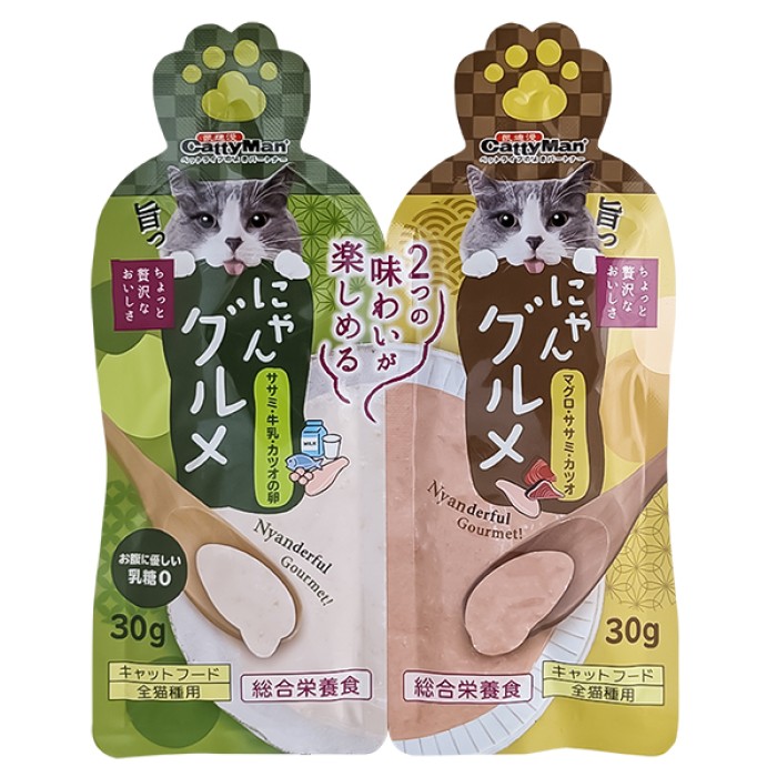 Вологий корм для котів CattyMan Complete Twins Pouch, курка, молоко, ікра та тунець, макрель, курка, 2х30 г