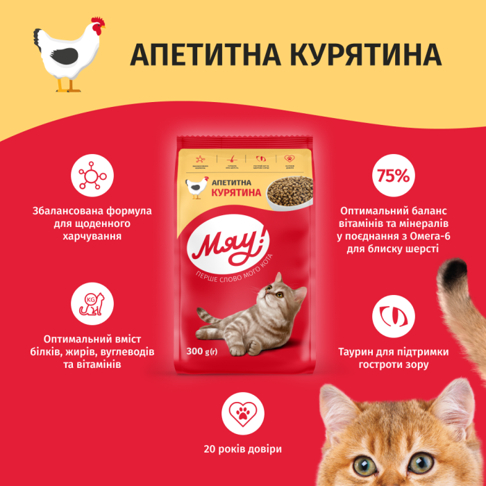Сухий корм Мяу! для дорослих котів, апетитна курятина, 11 кг