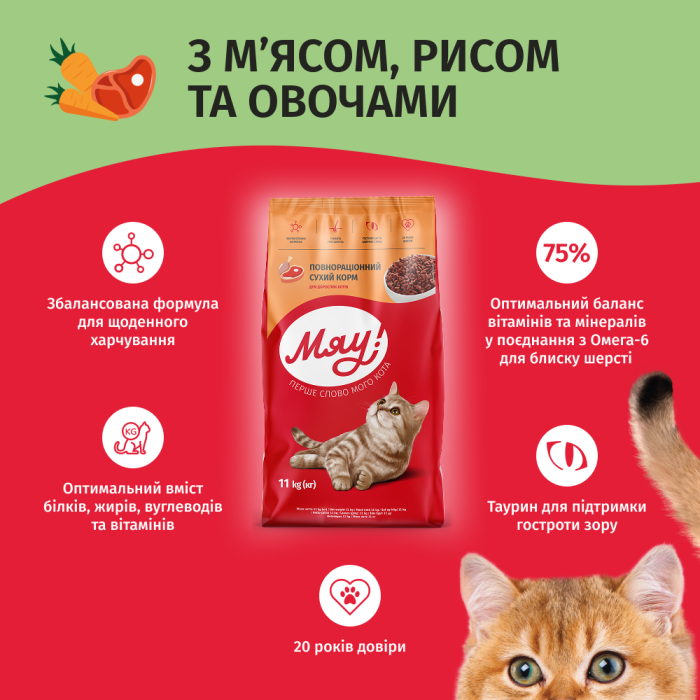 Сухой корм Мяу! для взрослых кошек, мясо, рис, овощи, 11 кг